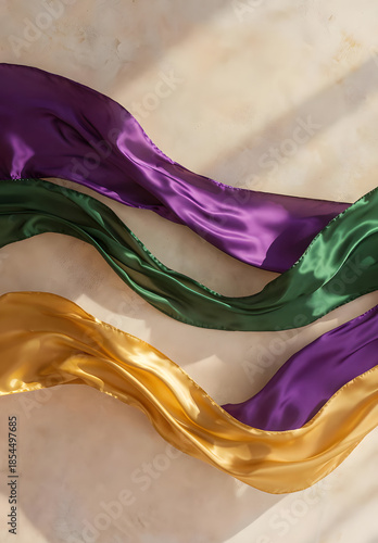 Colorful silk fabric background with smooth flowing texture and artistic wave patterns
