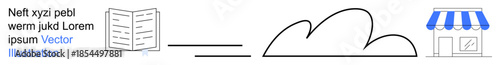E-learning, digital storage, online shopping, cloud computing, knowledge sharing, e-commerce. A book linked to a storefront via a cloud. E-learning and digital storage concepts