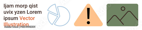 Data visualization, warnings, presentations, content design, educational resources, graphic templates. Pie chart, exclamation warning icon and minimalist landscape. Data visualization and warnings