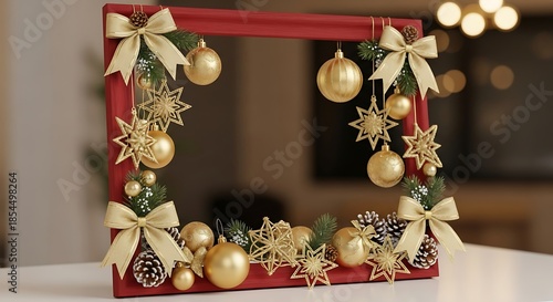 Festive Red Christmas Photo Frame with Golden Ornaments and Bows.