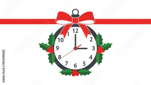 Christmas Clock with Holly and Ribbon.