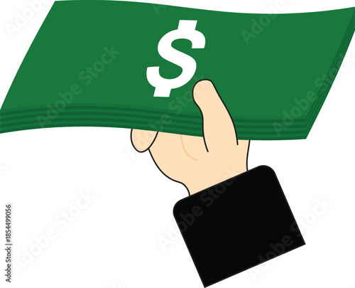 Flat vector illustration of a hand holding a stack of green dollar banknotes with a dollar symbol, that representing money, cash payment, salary, income, profit, savings, and financial transactions.