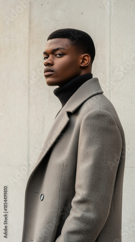 A professional winter photoshoot of a man wearing a cozy knit sweater and coat