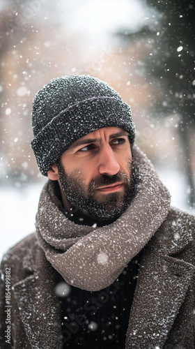 A professional winter photoshoot of a man wearing a cozy knit sweater, hat, scarf and coat in the street