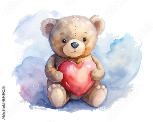 Cute Teddy Bear Holding Heart Watercolor Clipart vector illustration isolated on white background