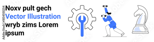Business strategy, productivity tools, fitness motivation, teamwork, problem-solving, decision-making. Gear with wrench, exercising character chess knight symbol. Strategy and productivity tools