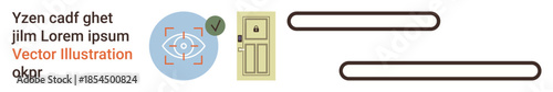 Biometric authentication, access control, digital security, smart home, identity verification, restricted entry. Eye detection symbol, door image. Biometric authentication and access control concept
