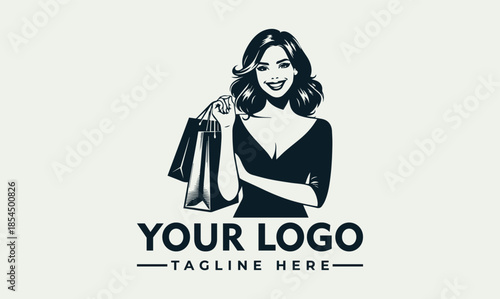 Classic monochrome vector logo featuring a smiling woman holding shopping bags, ideal for fashion, boutique, or retail brand identity design
