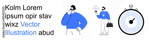 Business planning, innovation, time management, productivity, brainstorming, creative thinking. Man thinking, person holding lightbulb stopwatch visualization. Innovation and productivity concepts