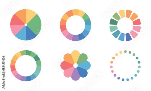Set of vibrant rainbow gradient color wheels and progress indicators