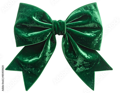 Lush, emerald green velvet bow, featuring folds and textured detail, on black background
