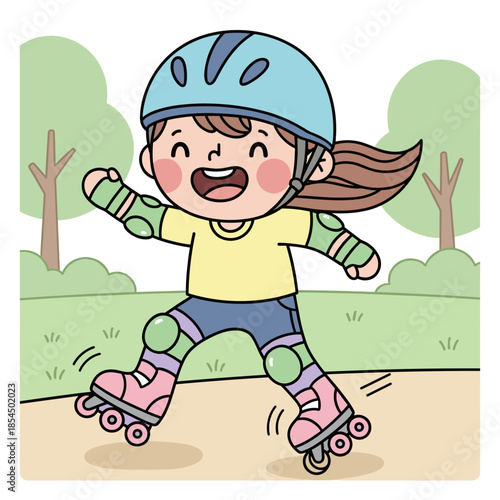 Happy young girl rollerblading in park with safety gear on