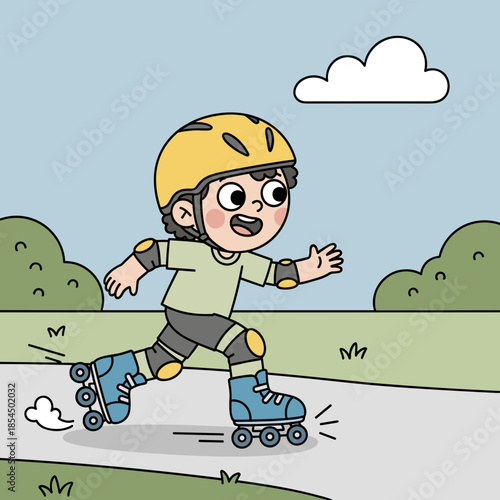 Happy child enjoying rollerblading in sunny park with safety gear