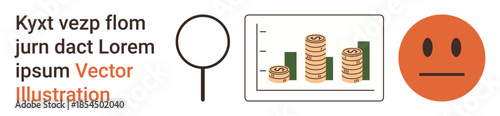 Financial analysis, business insights, data tracking, efficiency, infographic design concepts, personal finance. Stack of coins in a chart, magnifier and a neutral face icon. Financial analysis
