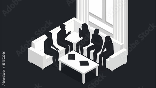 Group of people sitting in a room having a discussion.
