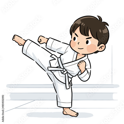 Young boy in karate uniform kicking with determination and focus
