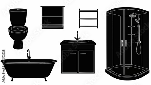 Silhouettes of various bathroom fixtures and furniture elements for home interior design.