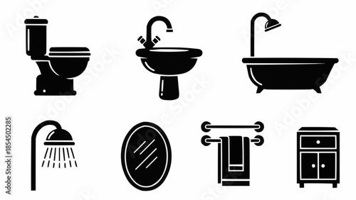 Essential Bathroom Fixtures and Furniture Silhouettes for Home Design.