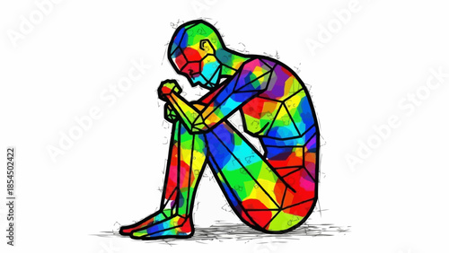 Colorful Human Figure Depicting Emotional Struggle and Inner Turmoil.