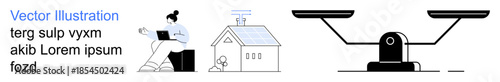 Remote work, sustainability, balance, technology, energy efficiency, justice. Woman working on laptop near eco-friendly house and solar panel. Remote work and sustainability concept