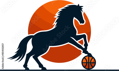 Dark blue horse silhouette logo design in a circle and a ball
