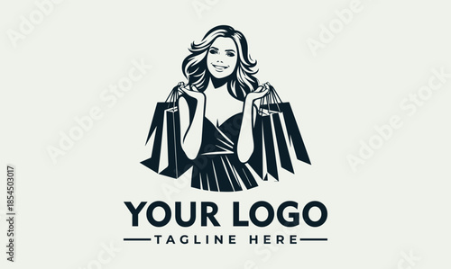 Elegant shopping woman vector logo template for fashion and retail. Stylish lady with bags, modern vector logo design for boutique branding