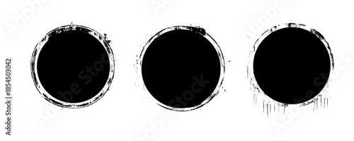 A collection of black grunge circular shapes on a white background, Includes vector brush circles and distressed round designs. ink brush ellipse circle shape vector