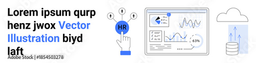 Human resources, data analysis, cloud storage, business strategy, digital solutions, technology innovations. Diagram with HR selection button, analytics dashboard cloud data icon. Human resources