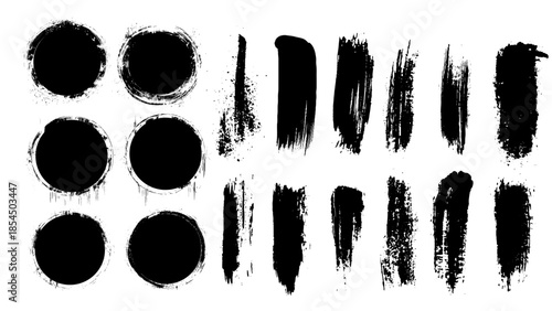 Collection of black ink circular brushstrokes and paint splatters, varying textures and densities, isolated on white background. Perfect design elements.