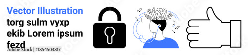 Security, creativity, approval, intellectual property, trust, innovation. A lock, a head with brain activity and a thumbs-up icon. security and creativity concepts