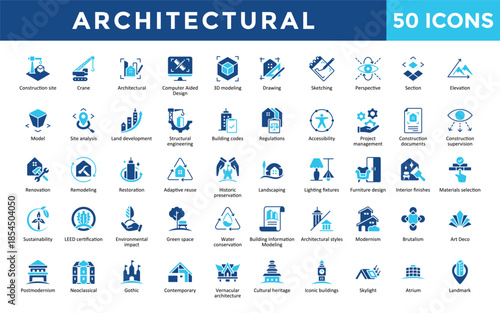 Architectural icons set with vernacular architecture, cultural heritage, architectural, computer aided design, 3d modeling icon. Simple flat vector 