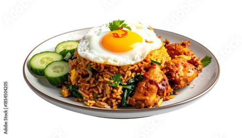 Colorful plate of fried rice topped with a sunny-side-up egg, chicken, and cucumber slices