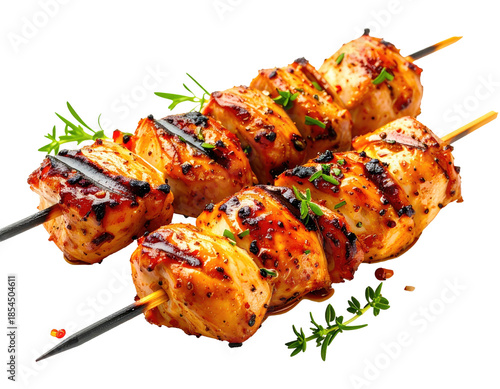 Two skewers of grilled chicken cubes, garnished, isolated on black