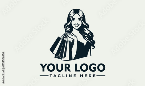 Vector logo illustration of a happy woman with shopping bags, representing retail and fashion, perfect for branding and marketing
