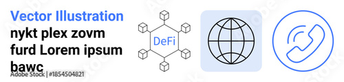 Decentralized finance, blockchain, communication, global networks, cryptocurrency, fintech. Blockchain symbol with DeFi text, globe icon phone line. Decentralized finance and blockchain