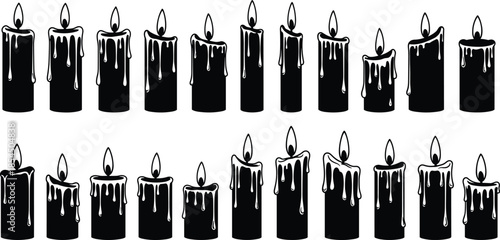 Burning candle silhouette set, various wax candles with flames and melting drips collection, funeral or religious decorative icons isolated on white background,