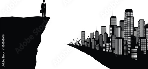 Businessman with briefcase standing on cliff looking at city skyline, corporate goal achievement and business opportunity concept isolated on white background vector,