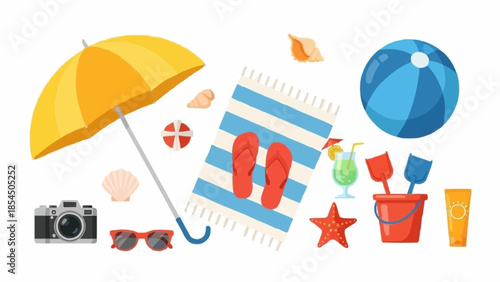 Beach vacation essentials for a sunny day at the seaside.