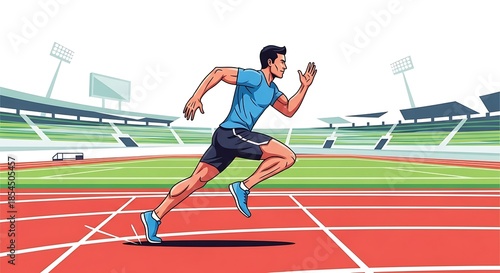 Athlete sprinting on a track in a stadium illustration.