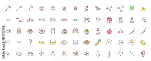 かわいいアイコンセットのベクターイラスト。飾り、花、お菓子、リボン、犬、ひよこ