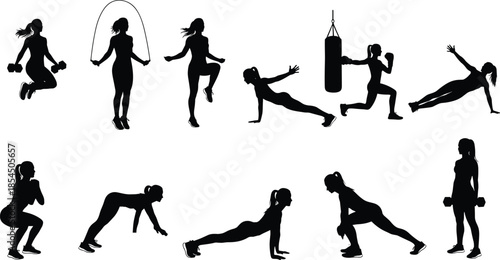 Collection of female fitness athlete silhouettes in various gym poses, woman workout set, training with weights, jump rope and boxing vector illustration, exercise icons