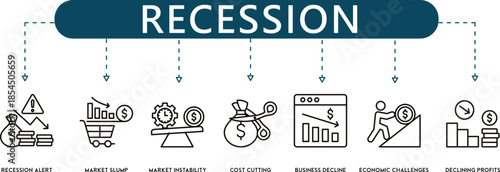 RecessionAlert Gray Line Economic Downturn and Market Crisis Infographic Icons (7+ Vector Financial Symbols)