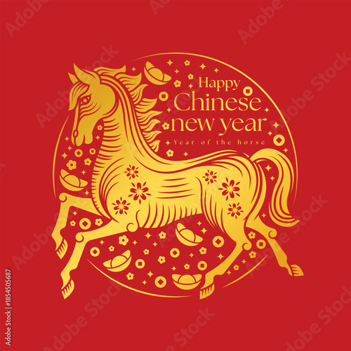 Happy chinese new year, Year of the horse - Gold chinese horse zodiac on circle line with money coin and flower around on red background vector design