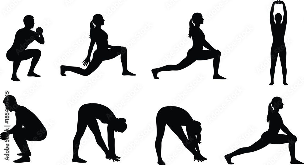 Obraz premium Collection of male and female fitness silhouettes performing stretching exercises and gym workouts, bodyweight training poses set, athletic wellness vector illustration, health icons