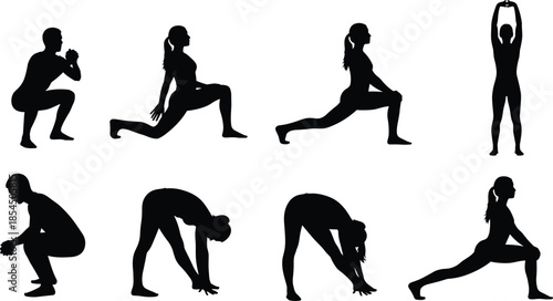 Collection of male and female fitness silhouettes performing stretching exercises and gym workouts, bodyweight training poses set, athletic wellness vector illustration, health icons
