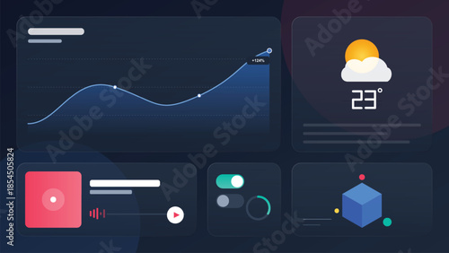 Isolated Dark UI Widgets Data Dashboard, Weather Forecast, and Media Player