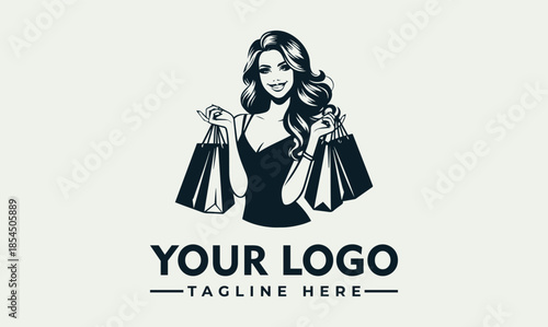 Glamorous fashionista woman holding multiple shopping bags, depicted in a stylish black and white vector logo illustration, ideal for boutique, beauty, or retail brand identity design