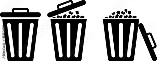 Trash Can Status Icon Set: Minimalist Progress Illustrations for Empty to Full Waste Bins