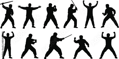 Collection of martial arts fighter silhouettes in action poses, samurai warrior with sword, karate man fighting, set of athletic male combat vector illustration