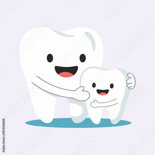 Healthy mother and child tooth character vector hugging. Family dental care and oral hygiene illustration for pediatric dentistry.